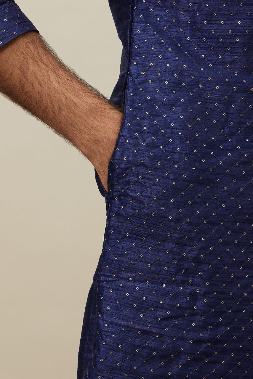 Manyavar Men Midnight Sapphire Blue Self Patterned Kurta Set