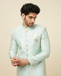 Manyavar Men Fair Aqua Blue Floral Patterned Indo Western Set