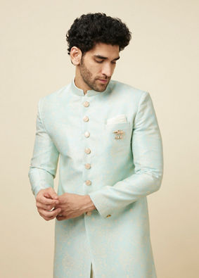 Manyavar Men Fair Aqua Blue Floral Patterned Indo Western Set