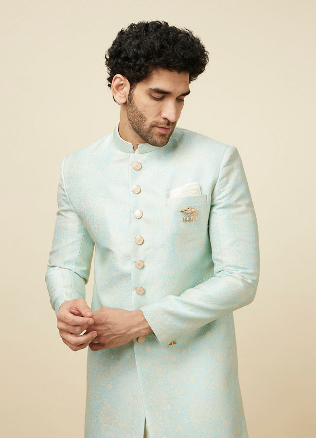 alt message - Manyavar Men Fair Aqua Blue Floral Patterned Indo Western Set image number 0