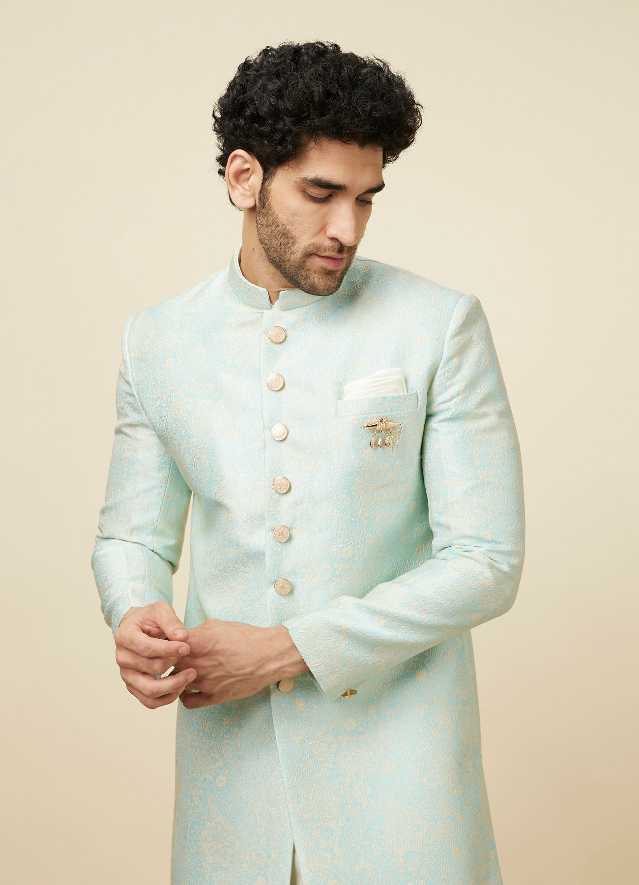 Manyavar Men Fair Aqua Blue Floral Patterned Indo Western Set