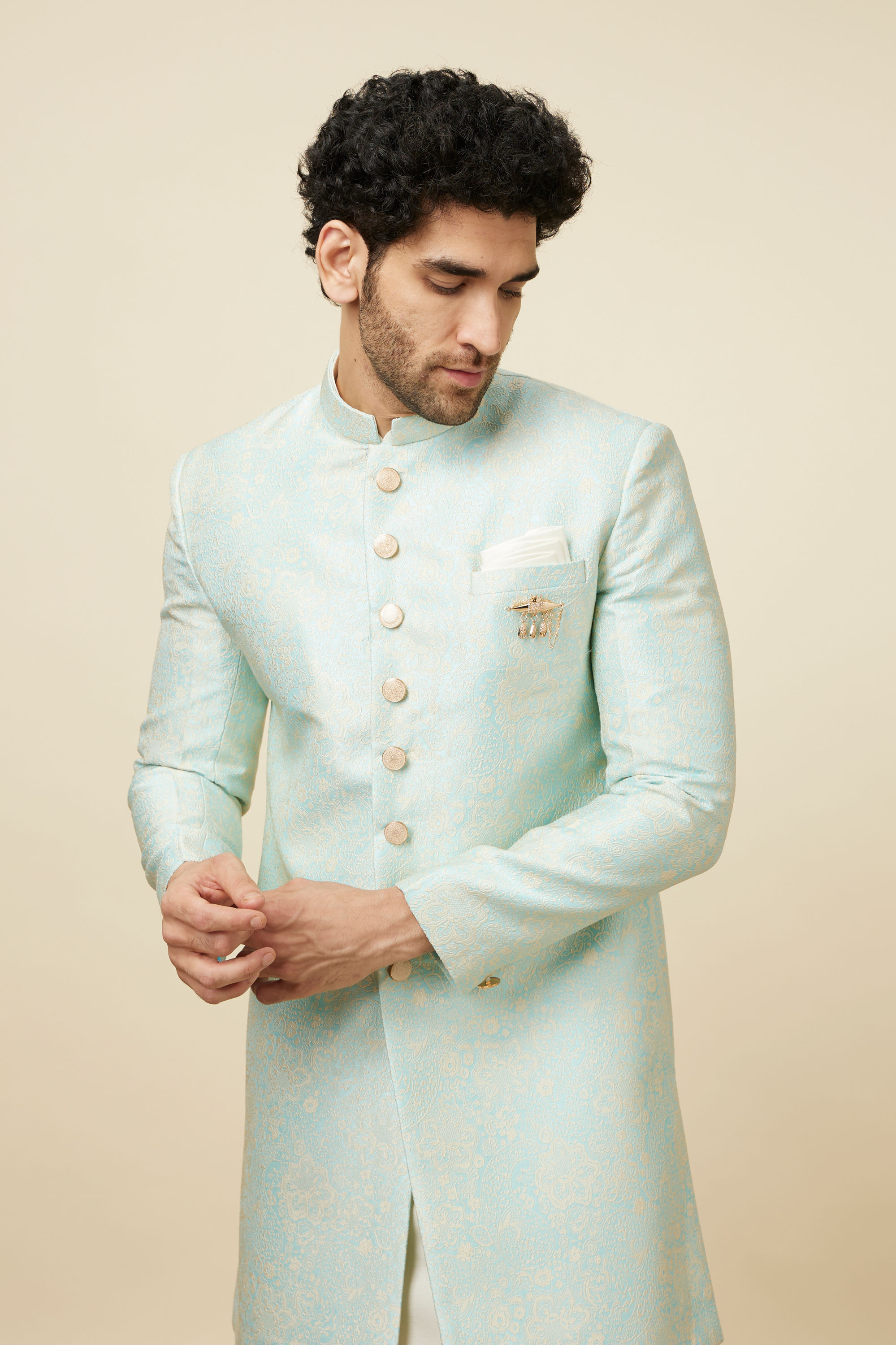 Manyavar Men Fair Aqua Blue Floral Patterned Indo Western Set