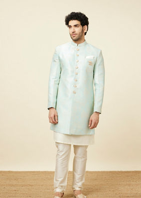 alt message - Manyavar Men Fair Aqua Blue Floral Patterned Indo Western Set image number 1