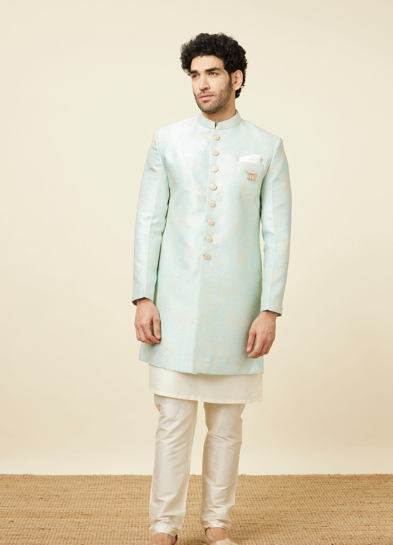 Manyavar Men Fair Aqua Blue Floral Patterned Indo Western Set