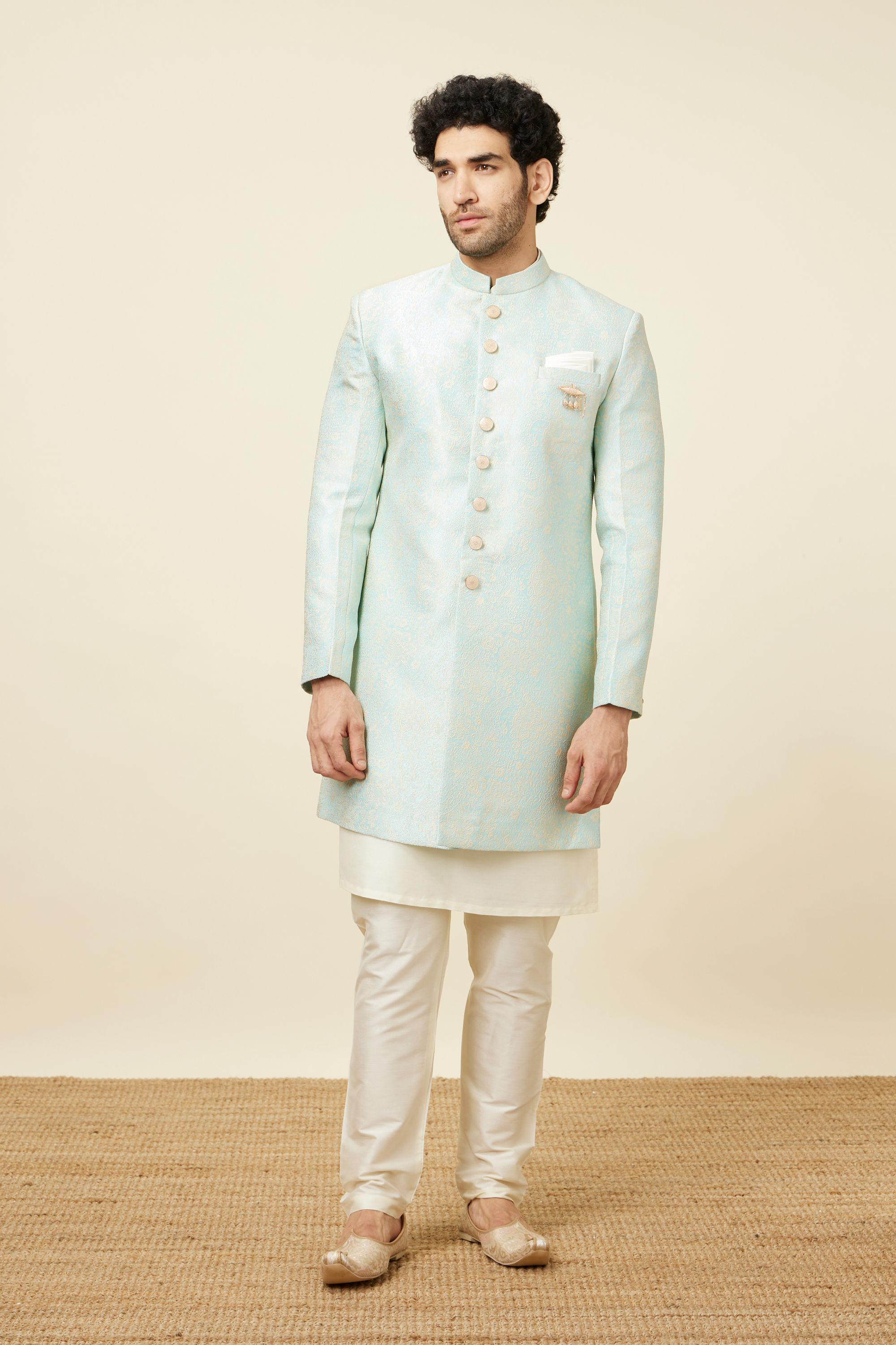 Manyavar Men Fair Aqua Blue Floral Patterned Indo Western Set