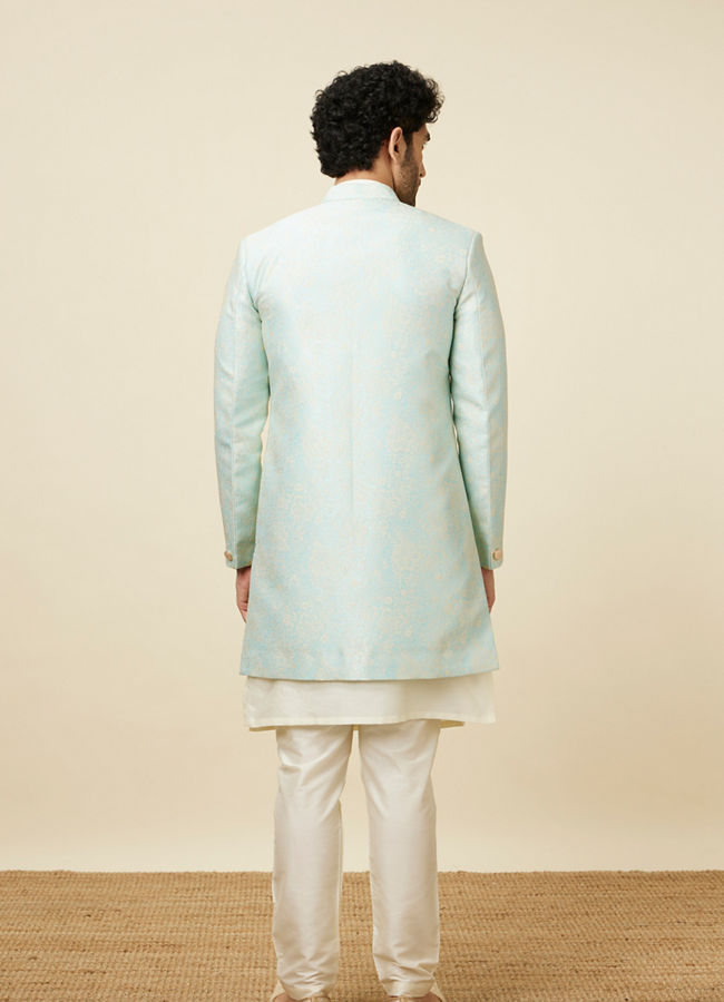 Manyavar Men Fair Aqua Blue Floral Patterned Indo Western Set