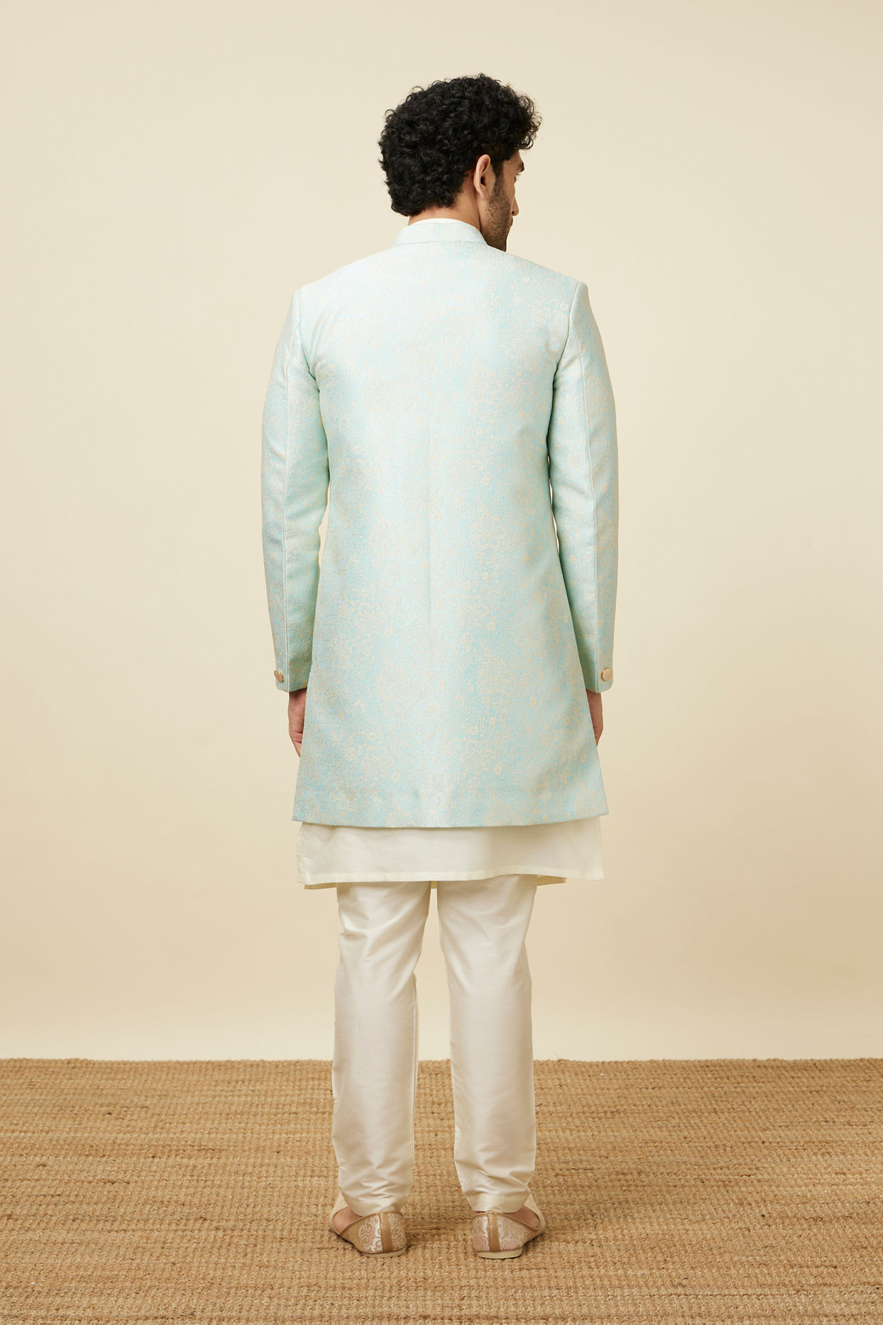 Manyavar Men Fair Aqua Blue Floral Patterned Indo Western Set