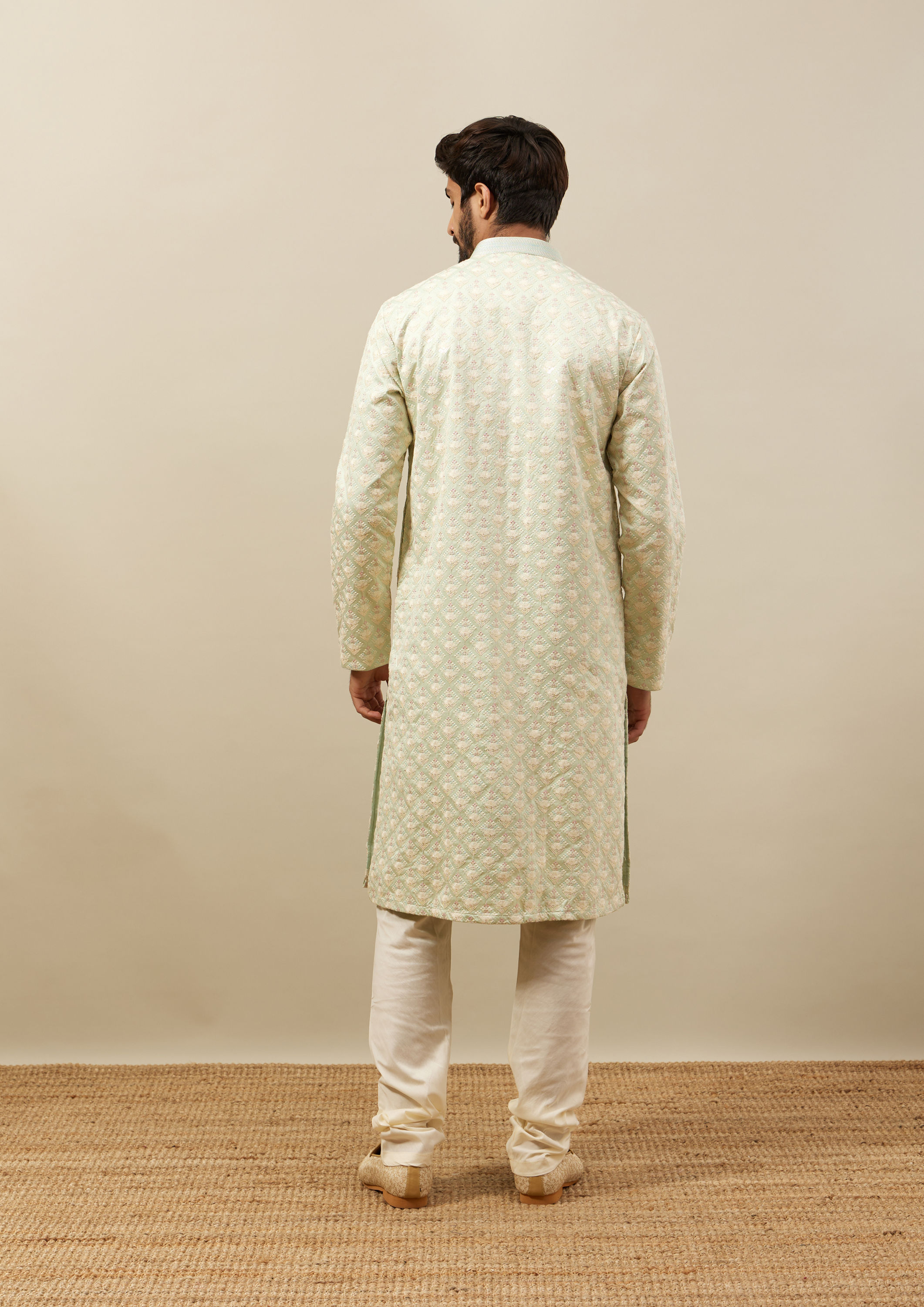 Twamev Men Mint Green Self Embroidered Kurta Set