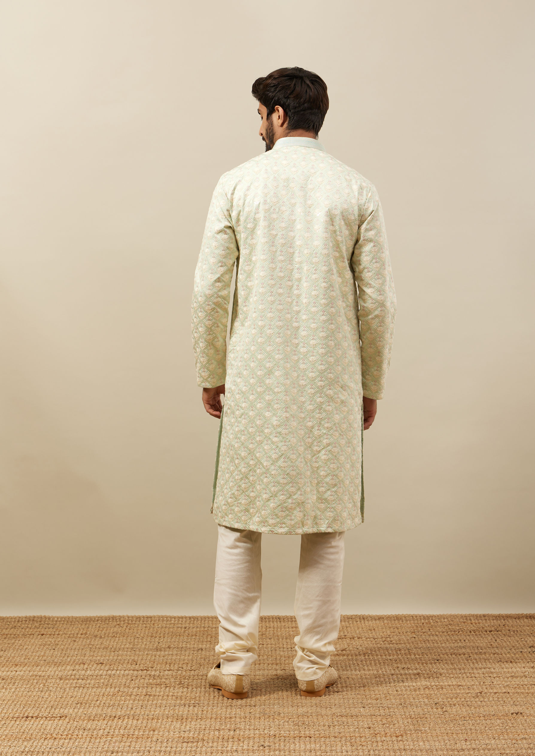 Twamev Men Mint Green Self Embroidered Kurta Set