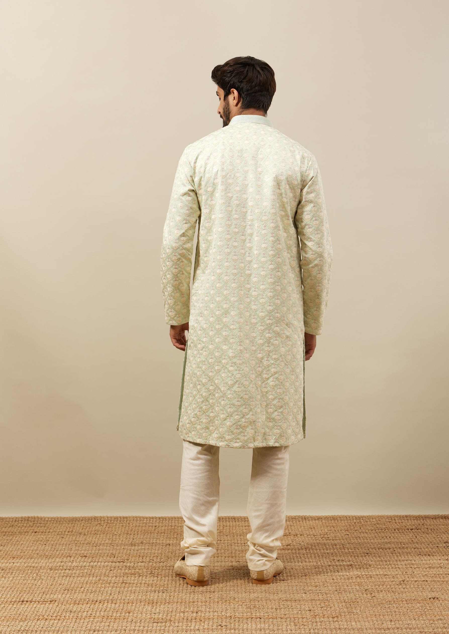 Twamev Men Mint Green Self Embroidered Kurta Set image number 4