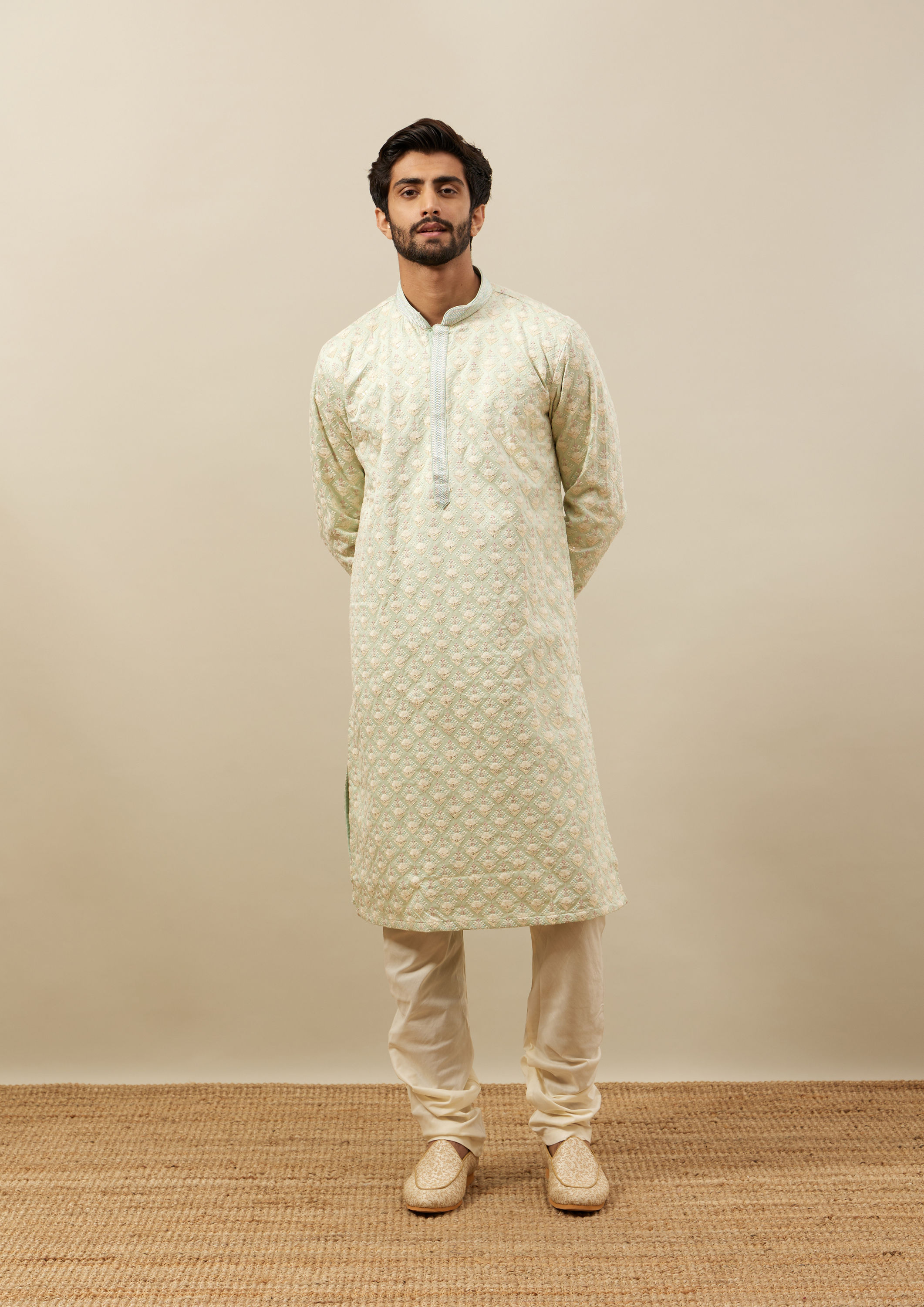 Twamev Men Mint Green Self Embroidered Kurta Set