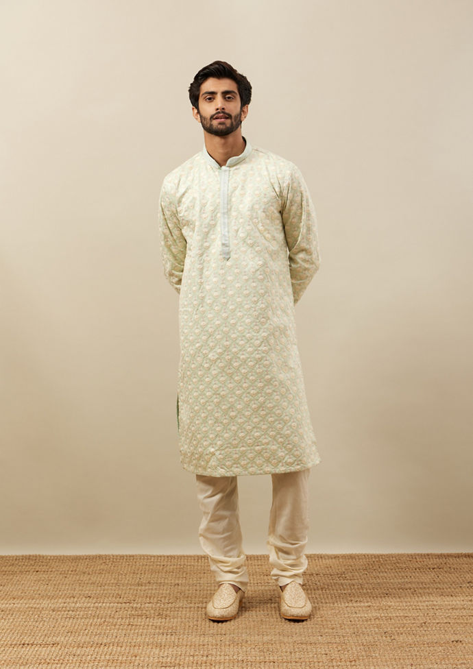Twamev Men Mint Green Self Embroidered Kurta Set