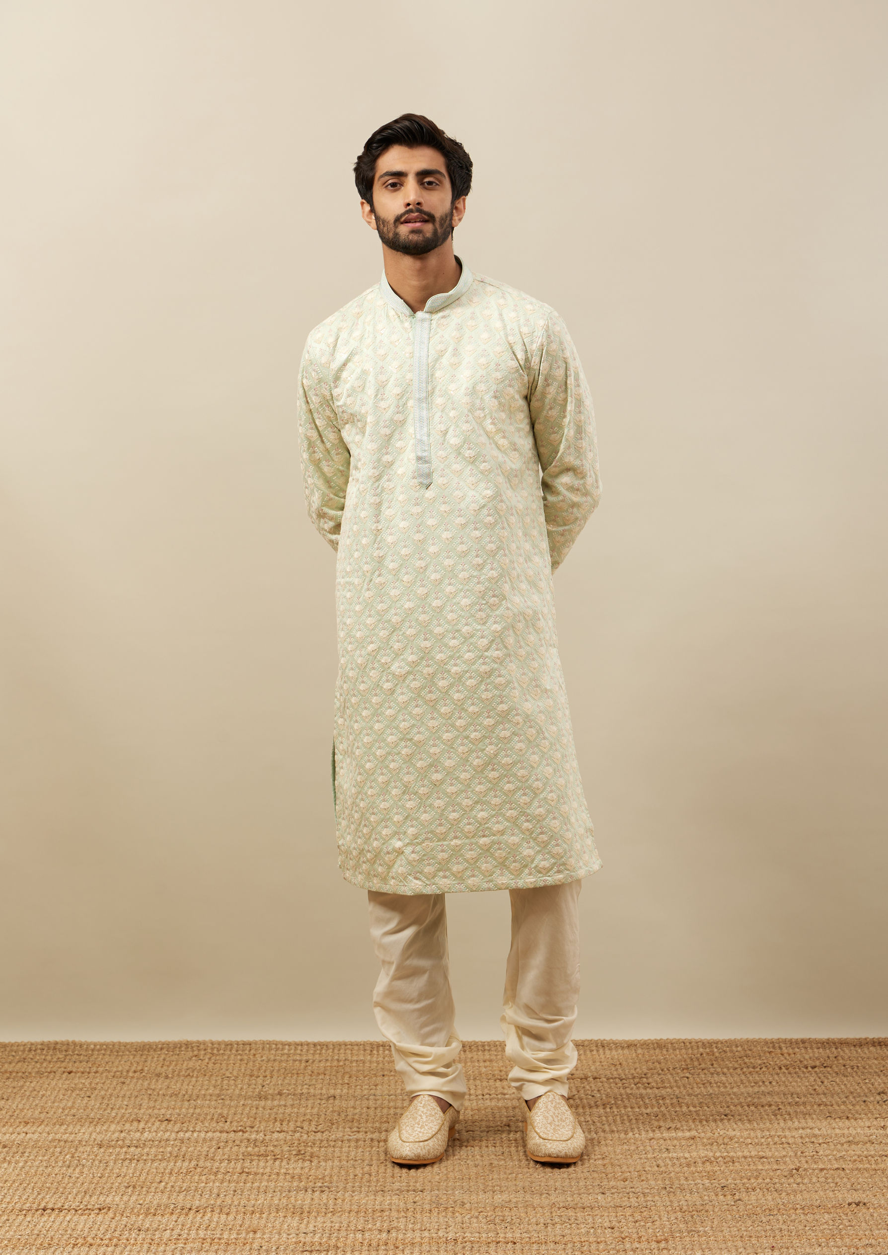 Twamev Men Mint Green Self Embroidered Kurta Set