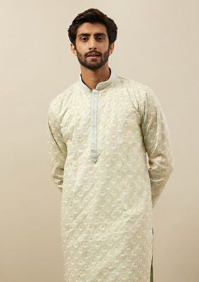 alt message - Twamev Men Mint Green Self Embroidered Kurta Set image number 0