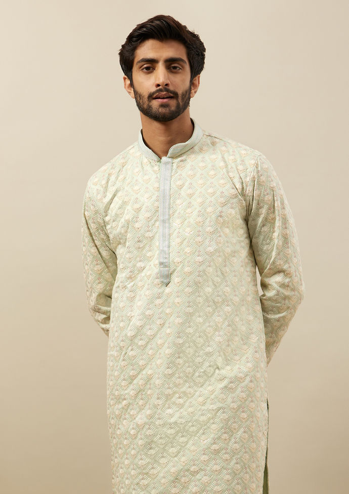 Twamev Men Mint Green Self Embroidered Kurta Set