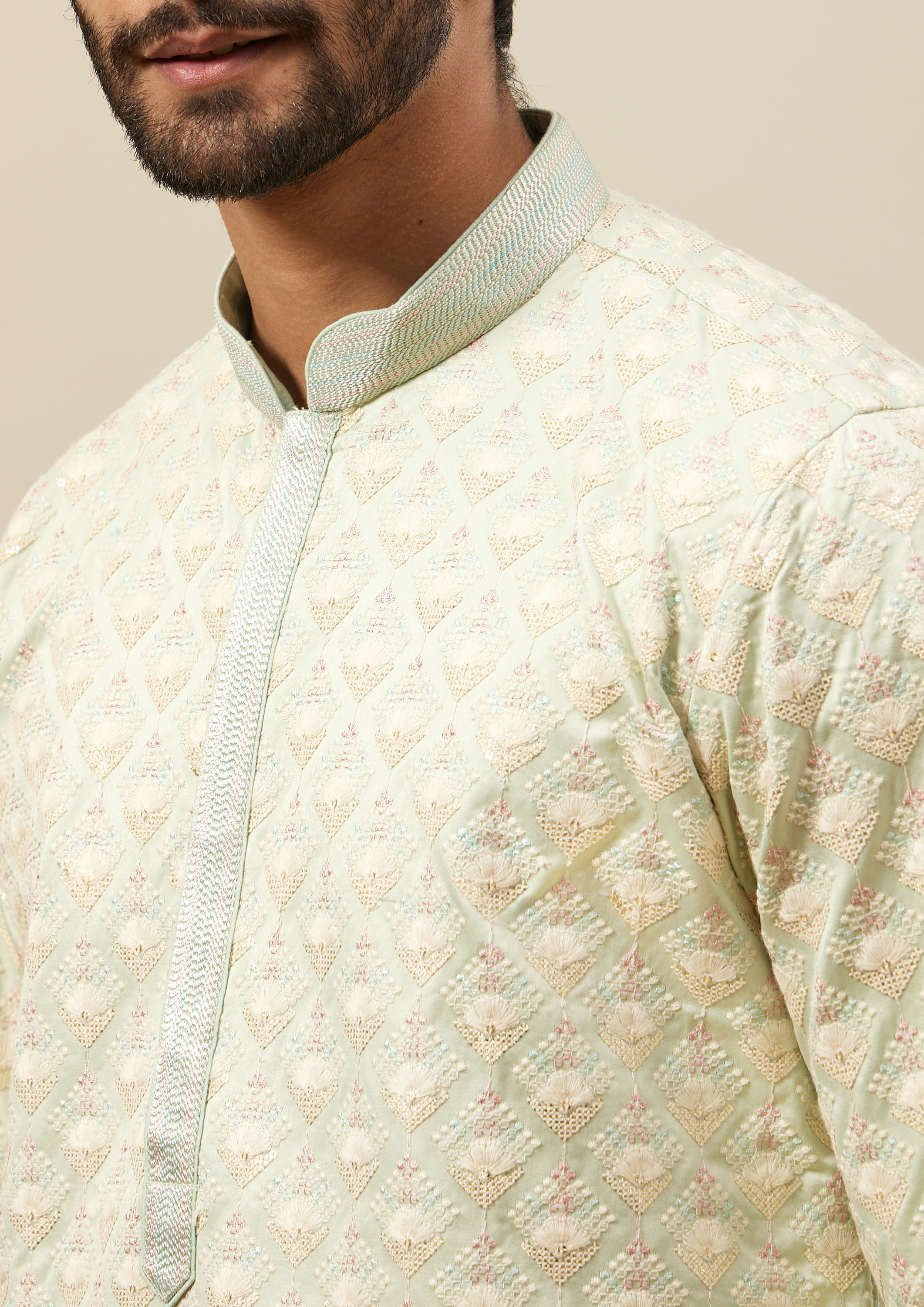 Twamev Men Mint Green Self Embroidered Kurta Set