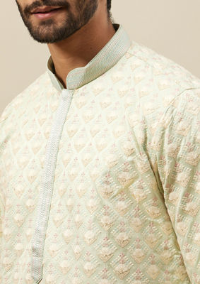 alt message - Twamev Men Mint Green Self Embroidered Kurta Set image number 1