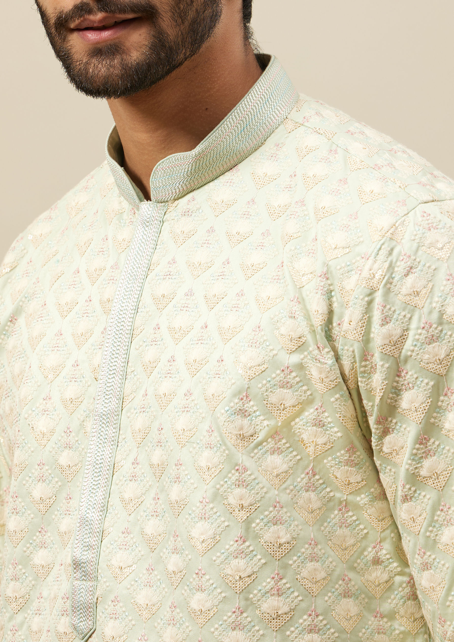 Twamev Men Mint Green Self Embroidered Kurta Set image number 1