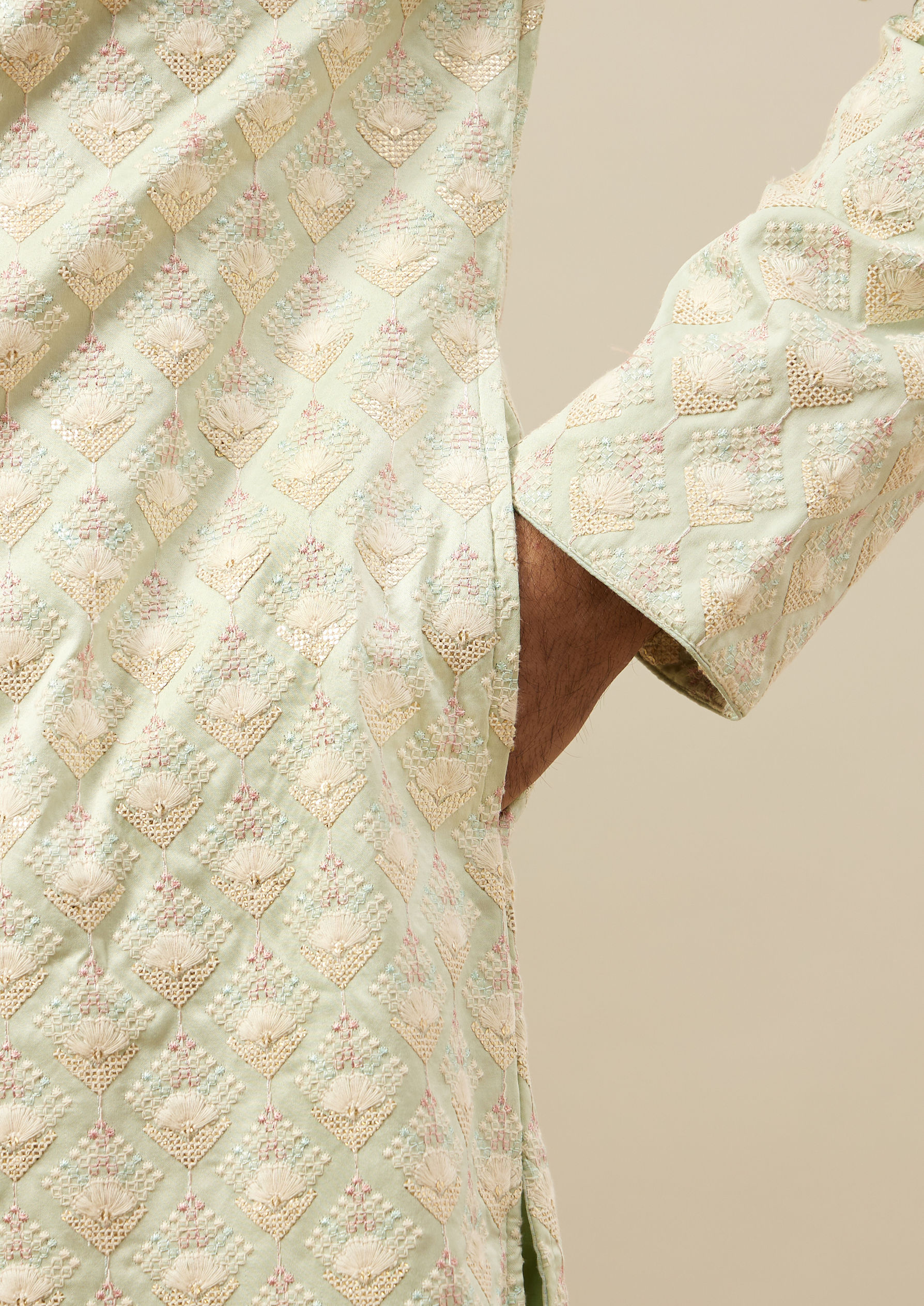 Twamev Men Mint Green Self Embroidered Kurta Set