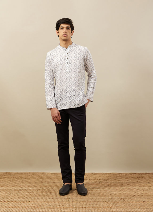 Manyavar Men Pearl White Self Printed Short Kurta