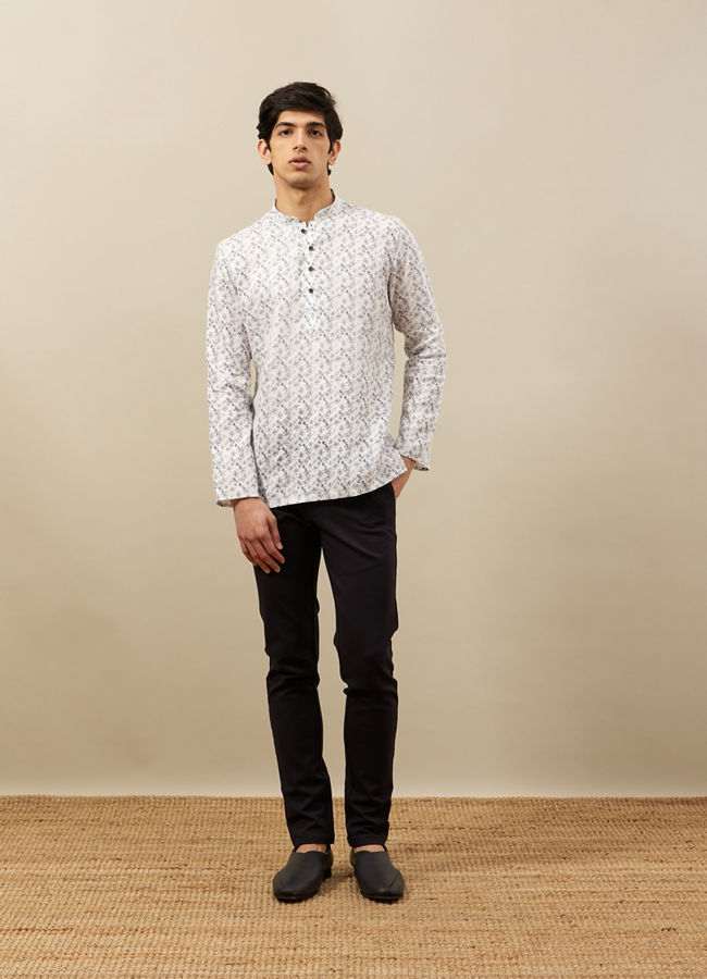 alt message - Manyavar Men Pearl White Self Printed Short Kurta image number 2