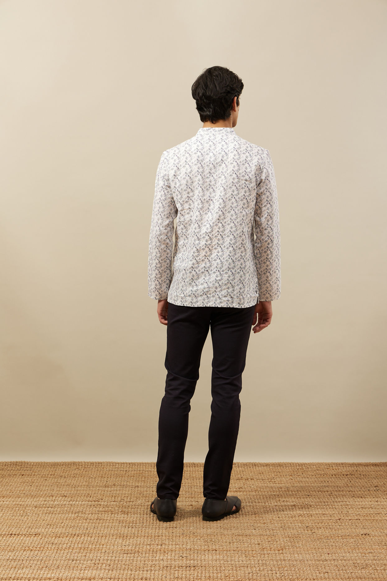 Manyavar Men Pearl White Self Printed Short Kurta