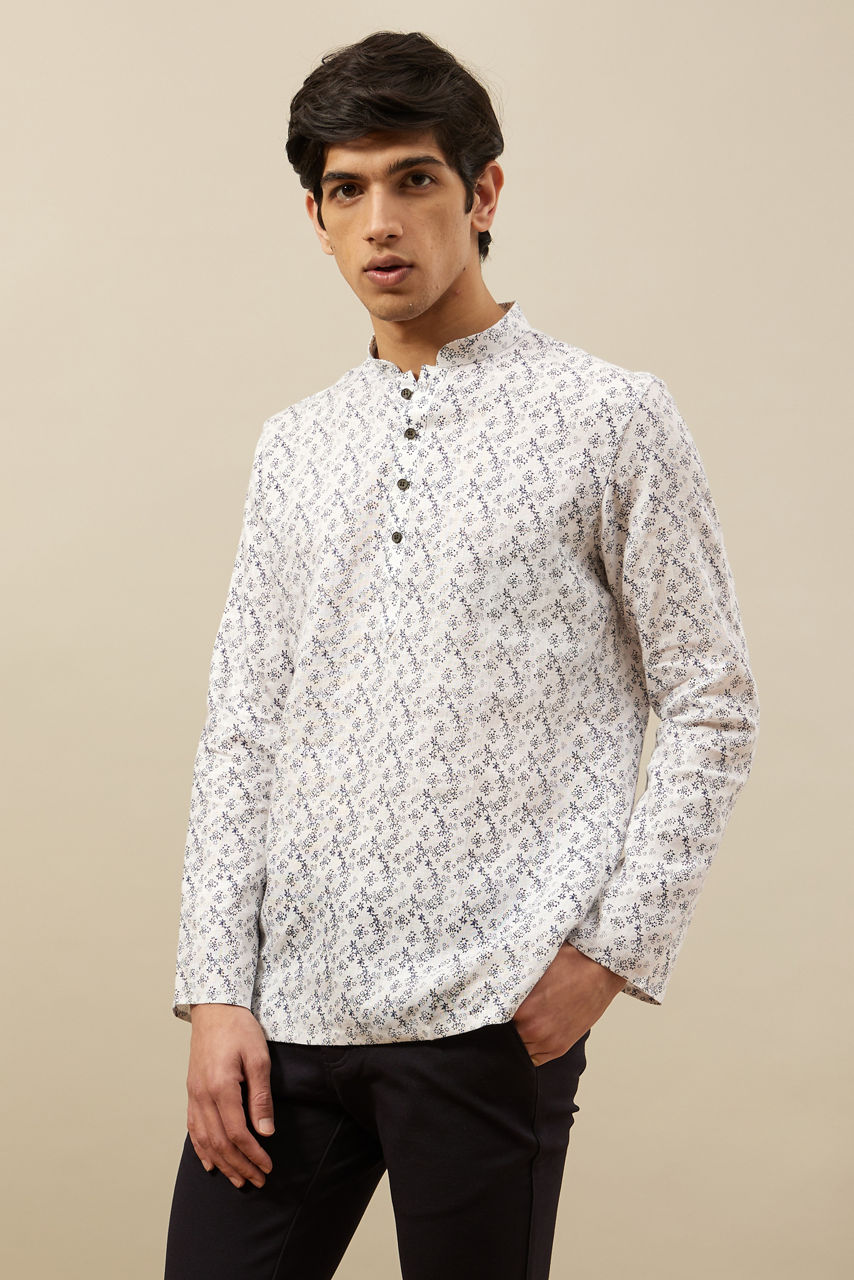 Manyavar Men Pearl White Self Printed Short Kurta