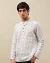 alt message - Manyavar Men Pearl White Self Printed Short Kurta image number 0