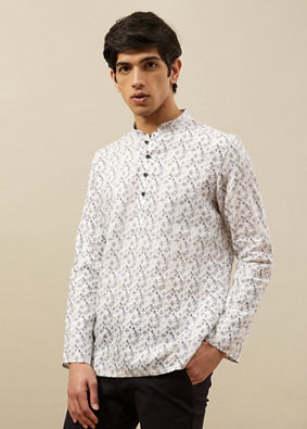 Manyavar Men Pearl White Self Printed Short Kurta