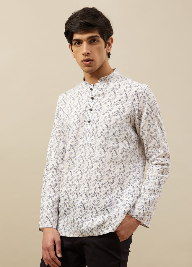 Manyavar Men Pearl White Self Printed Short Kurta