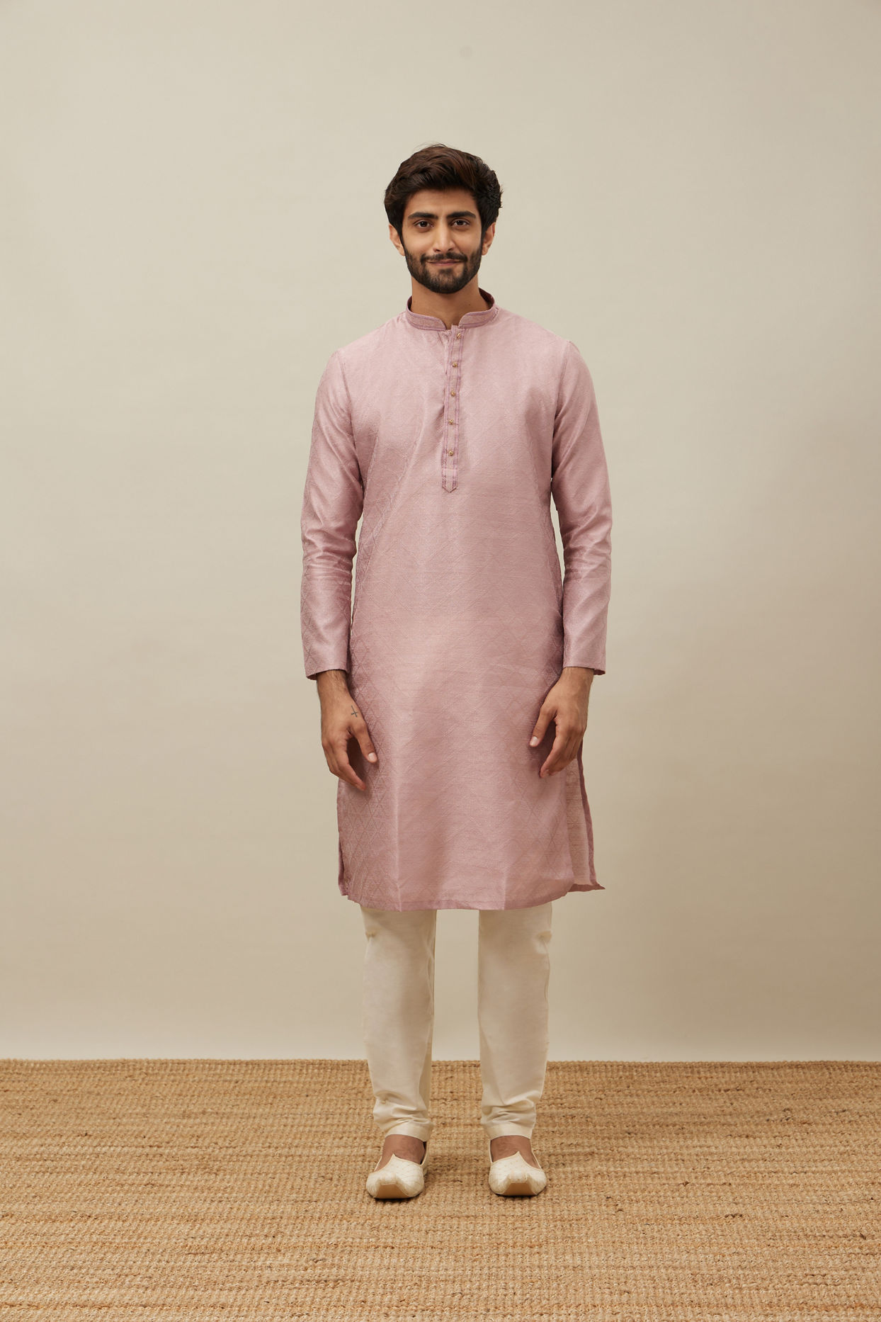 Manyavar Men Quartz Pink Grid Patterned Kurta Set