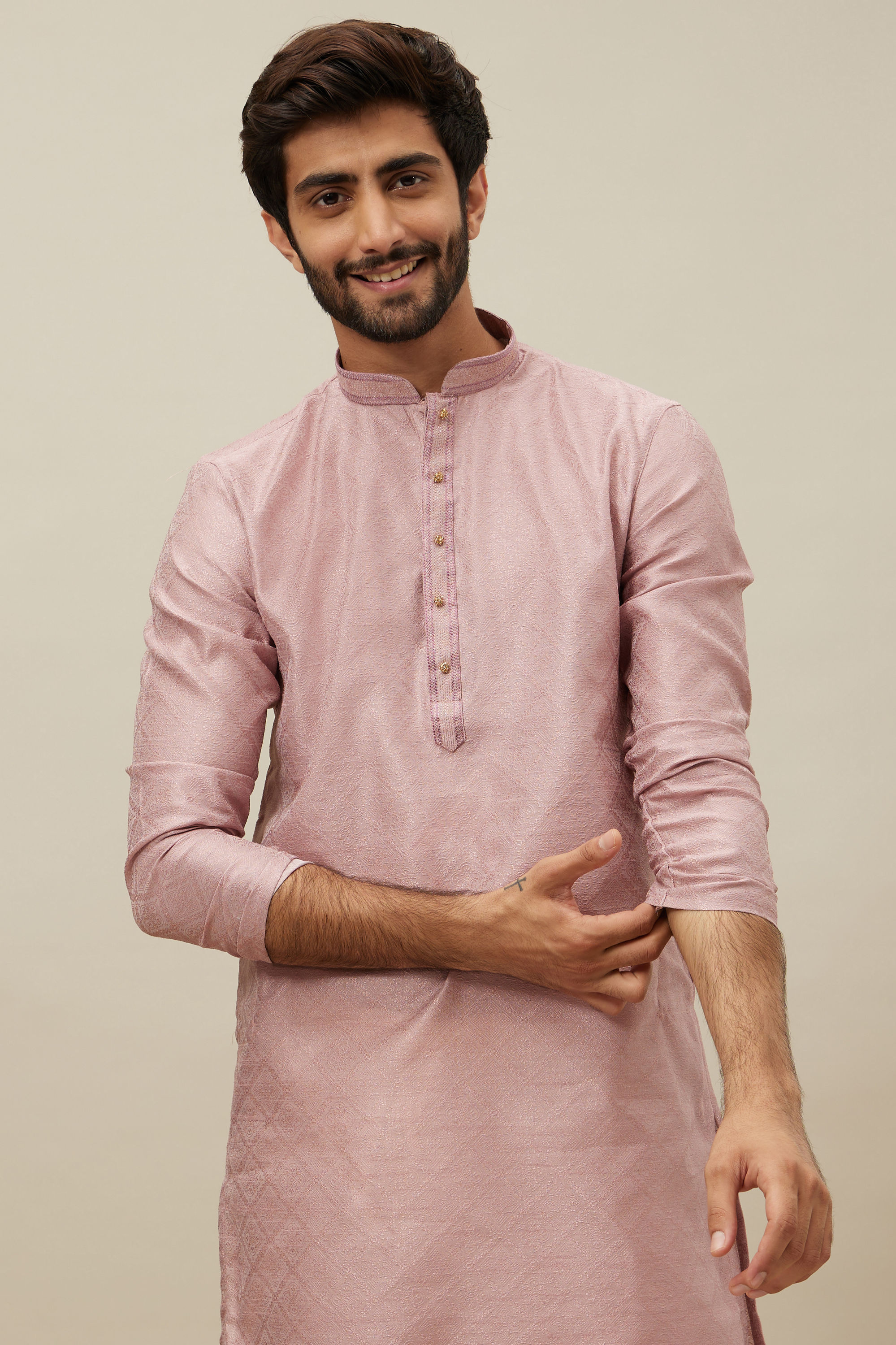 Manyavar Men Quartz Pink Grid Patterned Kurta Set