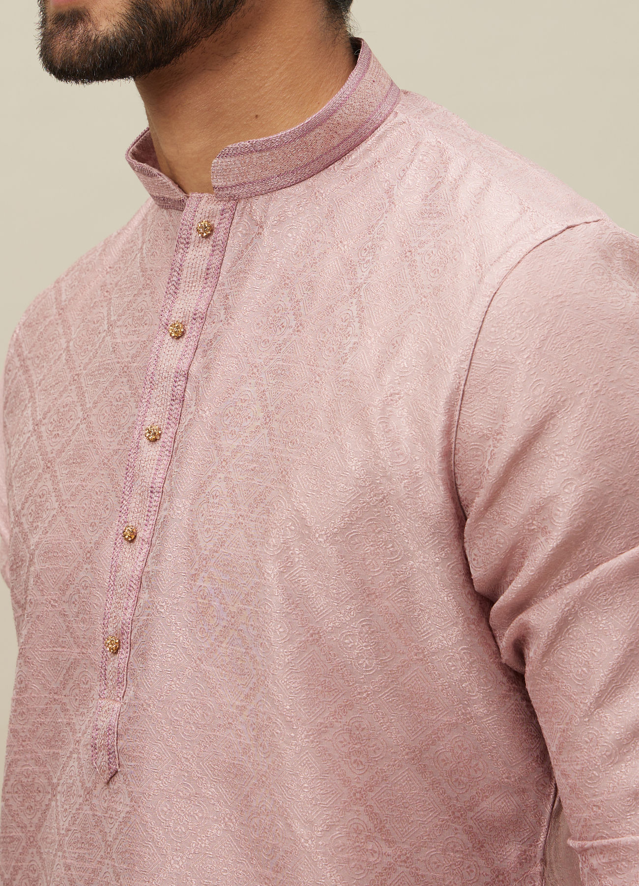 Manyavar Men Quartz Pink Grid Patterned Kurta Set