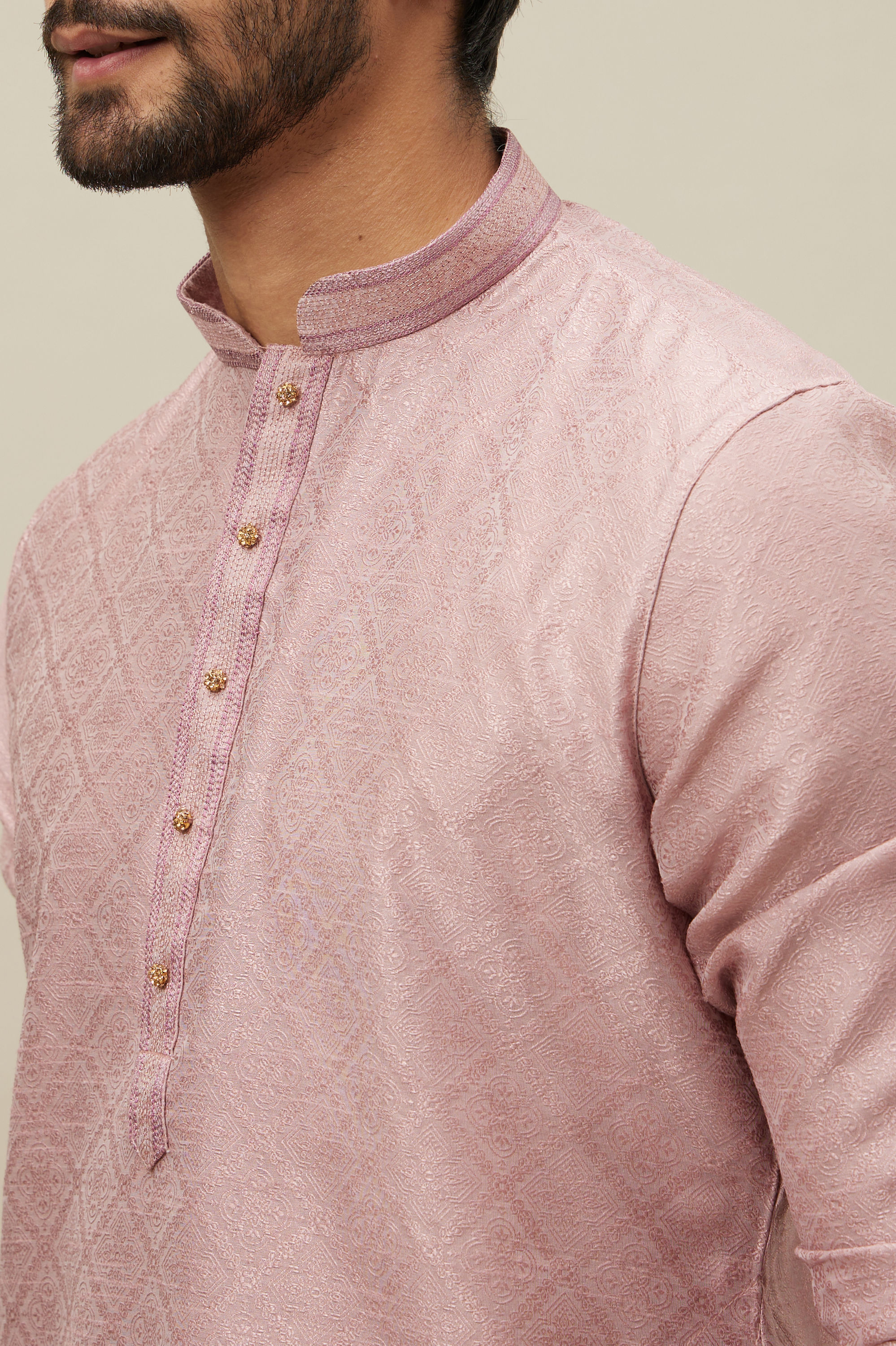 Manyavar Men Quartz Pink Grid Patterned Kurta Set