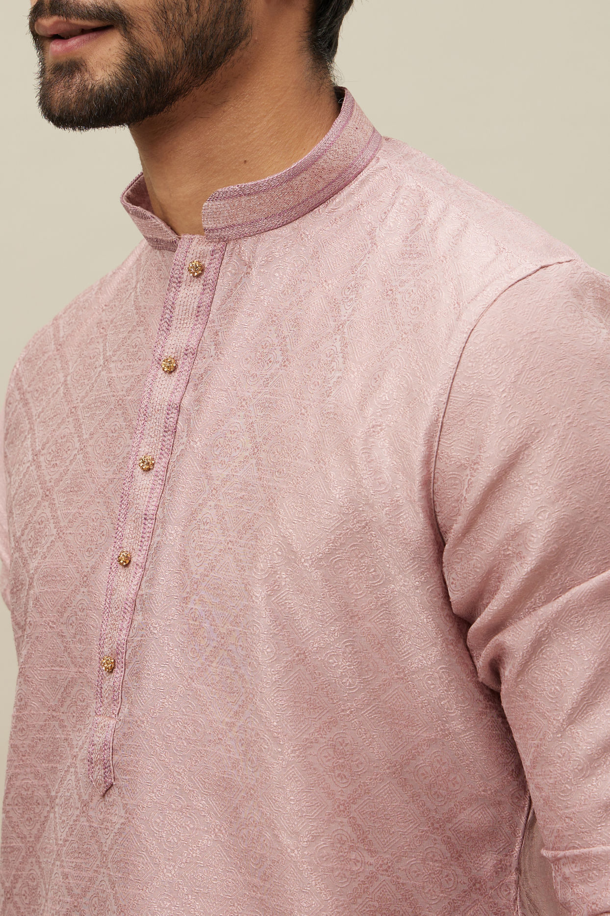 Manyavar Men Quartz Pink Grid Patterned Kurta Set