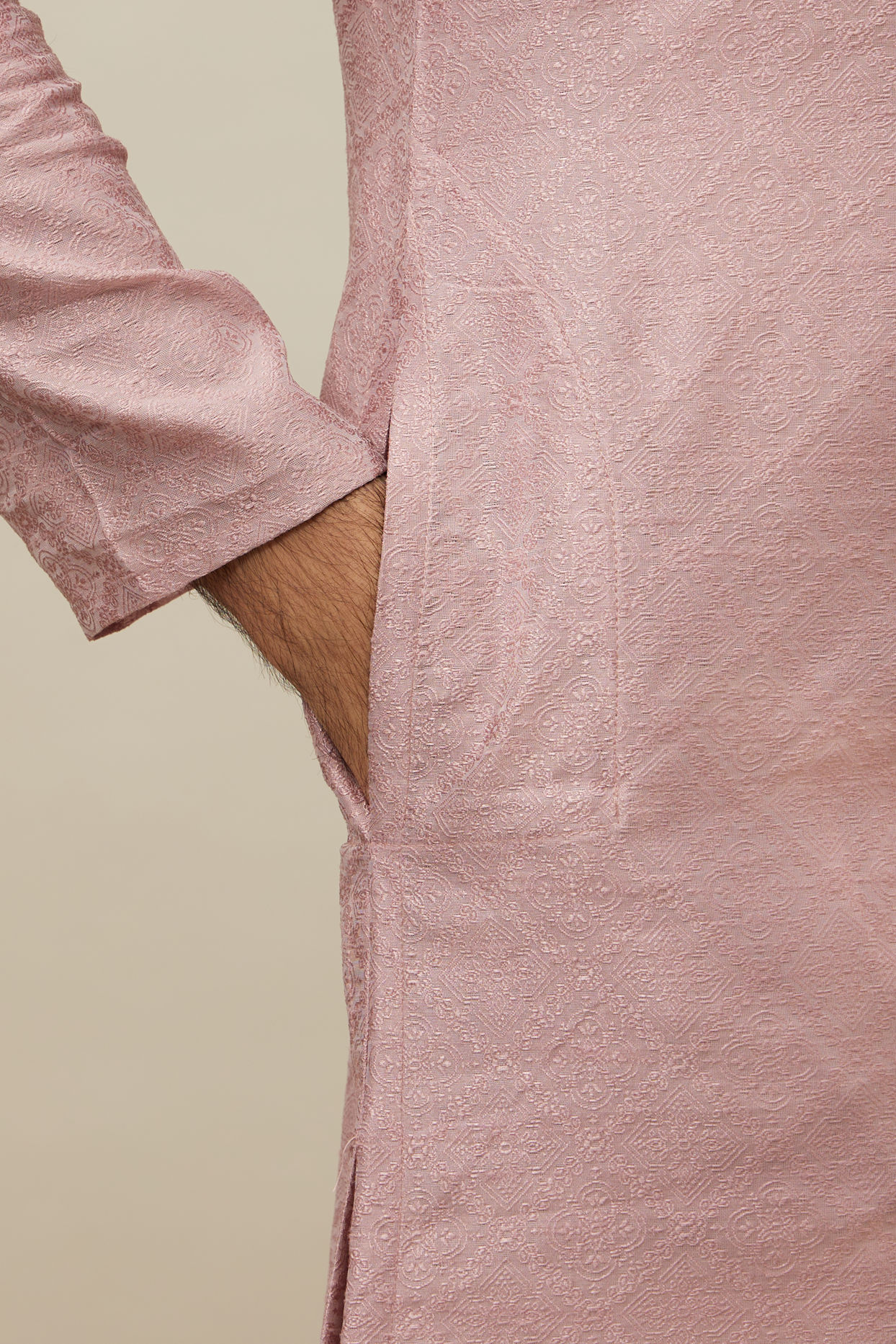 Manyavar Men Quartz Pink Grid Patterned Kurta Set