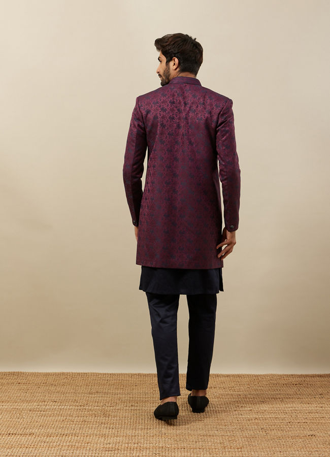 alt message - Manyavar Men Cabernet Wine-Twilight Blue Botanical Patterned Indo Jacket Set image number 4