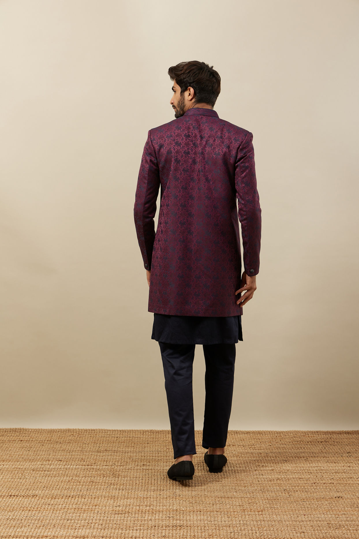 alt message - Manyavar Men Cabernet Wine-Twilight Blue Botanical Patterned Indo Jacket Set image number 4