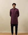 alt message - Manyavar Men Cabernet Wine-Twilight Blue Botanical Patterned Indo Jacket Set image number 2