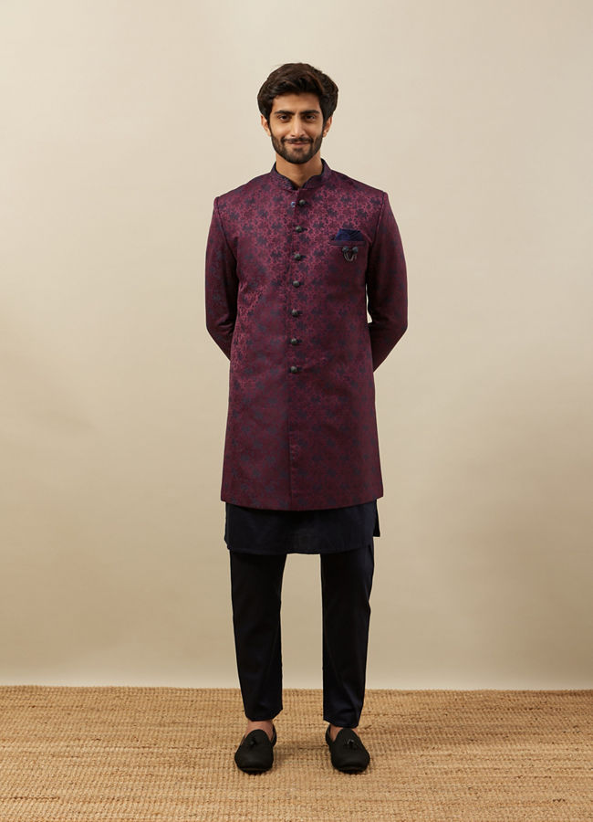 alt message - Manyavar Men Cabernet Wine-Twilight Blue Botanical Patterned Indo Jacket Set image number 2