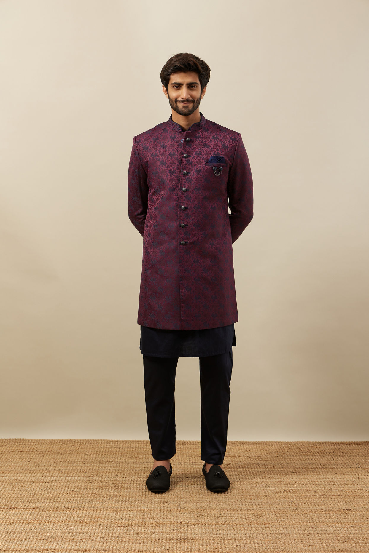 alt message - Manyavar Men Cabernet Wine-Twilight Blue Botanical Patterned Indo Jacket Set image number 2