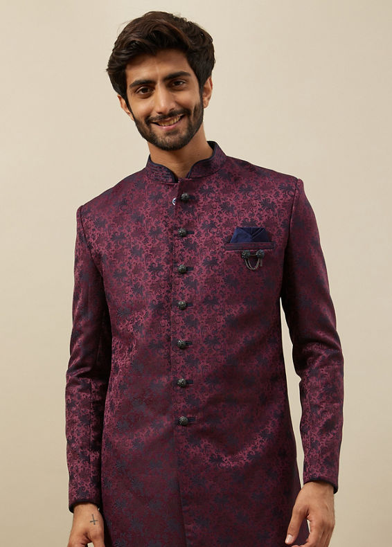 Manyavar Men Cabernet Wine Twilight Blue Botanical Patterned Indo Jacket Set