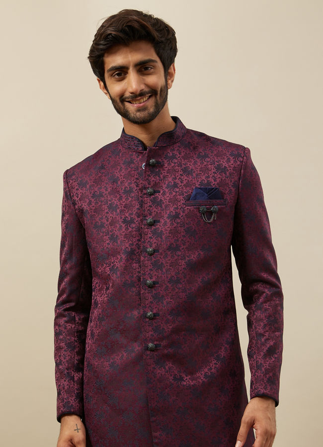 Manyavar Men Cabernet Wine Twilight Blue Botanical Patterned Indo Jacket Set