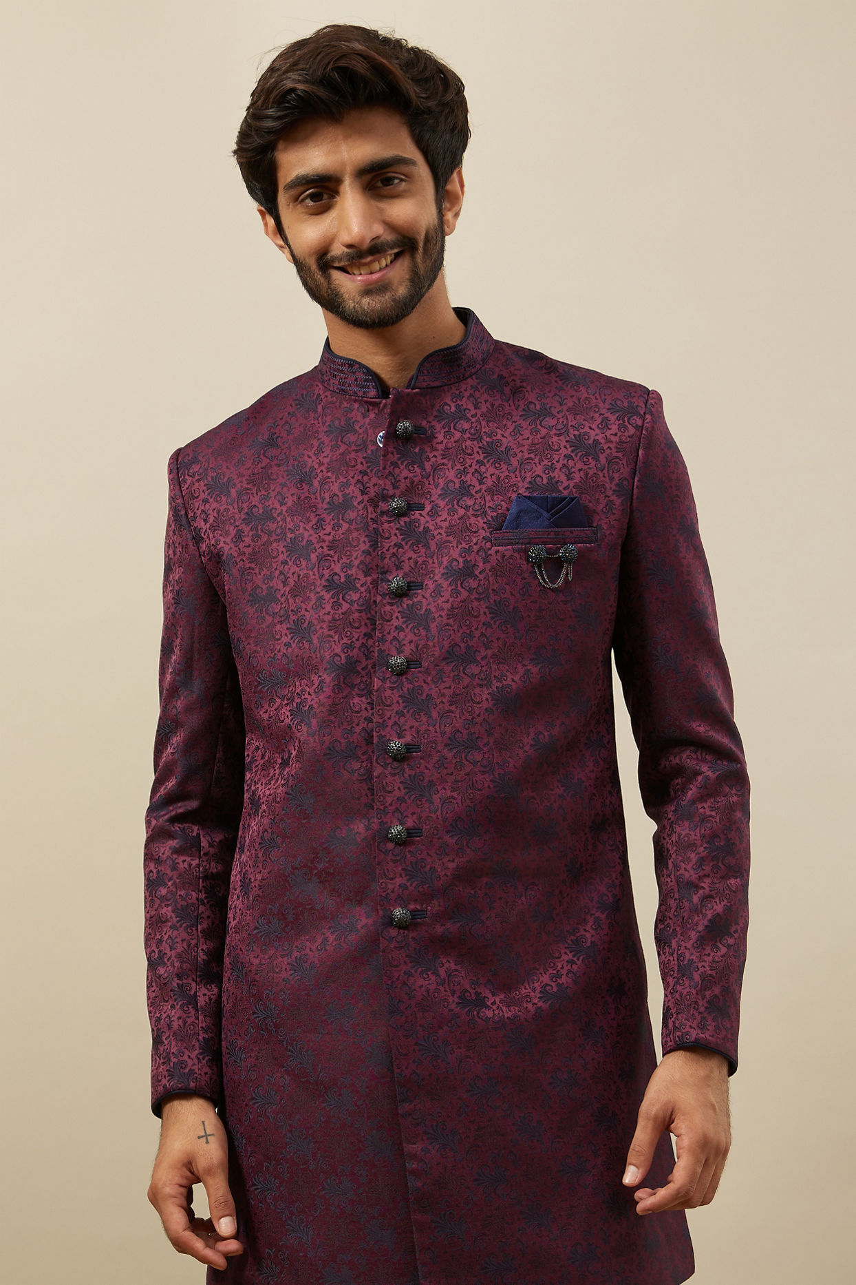 Manyavar Men Cabernet Wine Twilight Blue Botanical Patterned Indo Jacket Set
