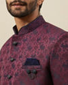 Manyavar Men Cabernet Wine Twilight Blue Botanical Patterned Indo Jacket Set