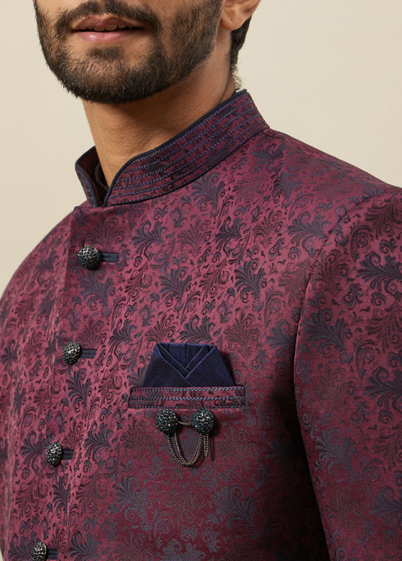 Manyavar Men Cabernet Wine Twilight Blue Botanical Patterned Indo Jacket Set