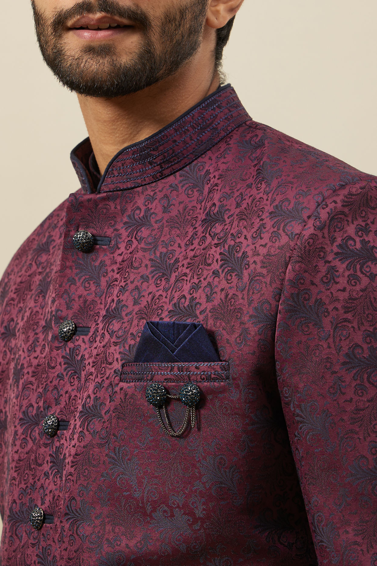 Manyavar Men Cabernet Wine Twilight Blue Botanical Patterned Indo Jacket Set