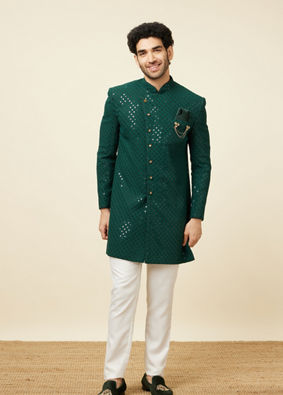 Teal Green Harlequin Patterned Angrakha Style Sequined Indo Western Jacket image number 2