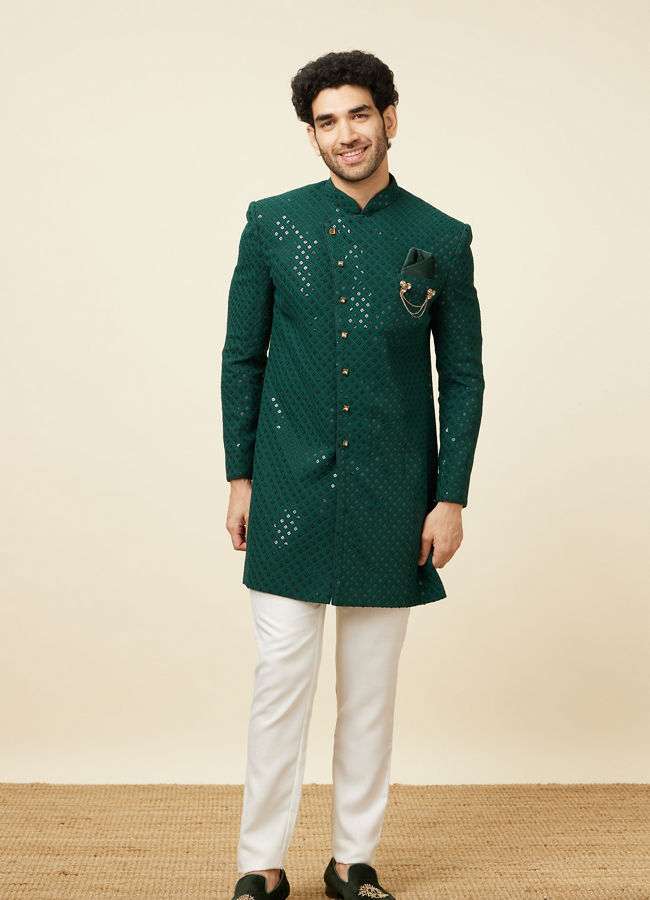 Teal Green Harlequin Patterned Angrakha Style Sequined Indo Western Jacket image number 2