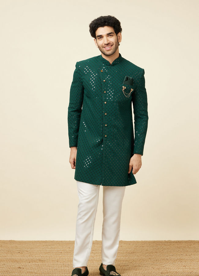 alt message - Manyavar Men Teal Green Harlequin Patterned Angrakha Style Sequined Indo Western Jacket image number 2